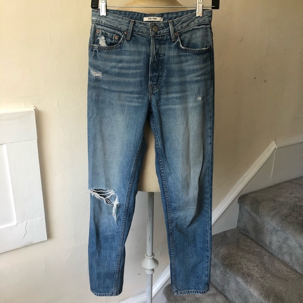 GRLFRND Blue Distressed Kiara High Waist Ankle Boyfriend Jeans Size 24